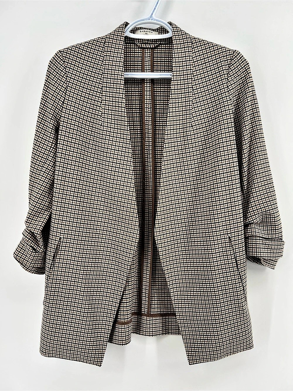 Aritzia Babaton Power Blazer Checkered Open Front Jacket Brown & White Size 00